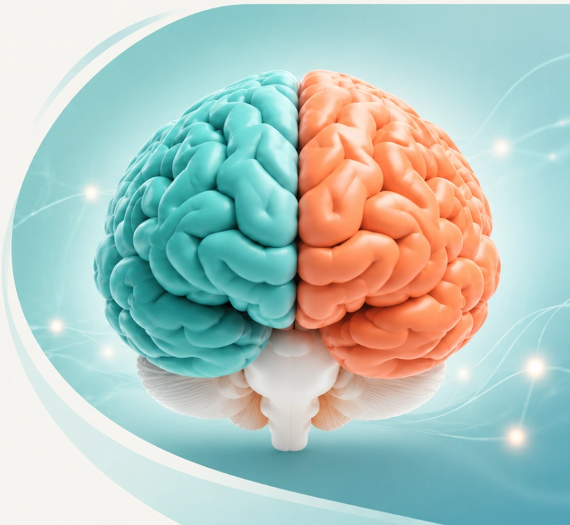 A human brain with aqua and orange hemispheres against flowing aqua curves and luminous connections
