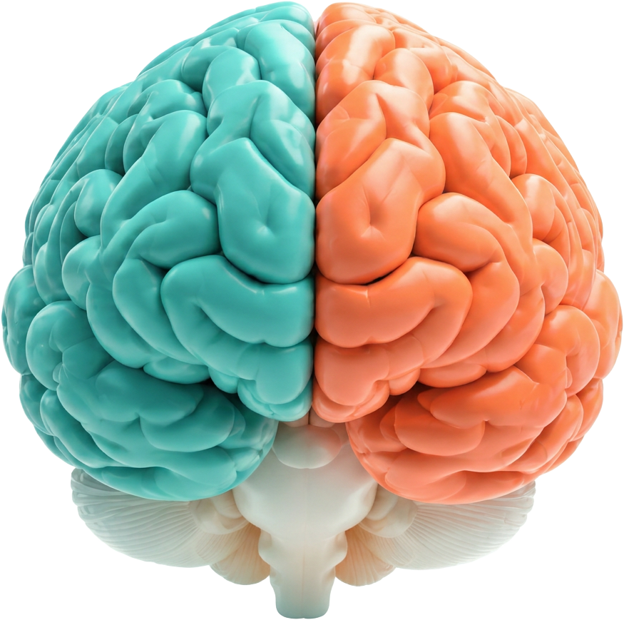 A human brain with aqua and coral hemispheres
